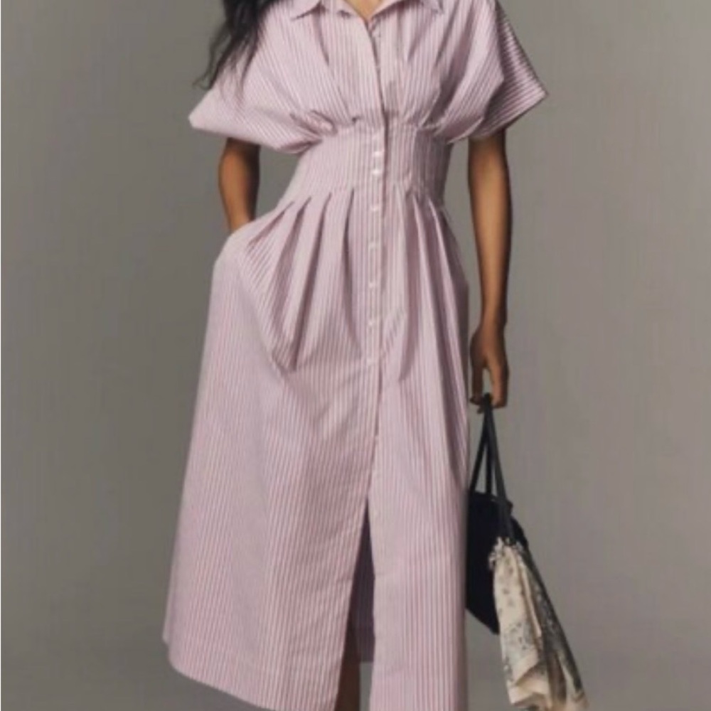 Anthropologie Tobie Pink & White Striped Maxi Shirt Dress